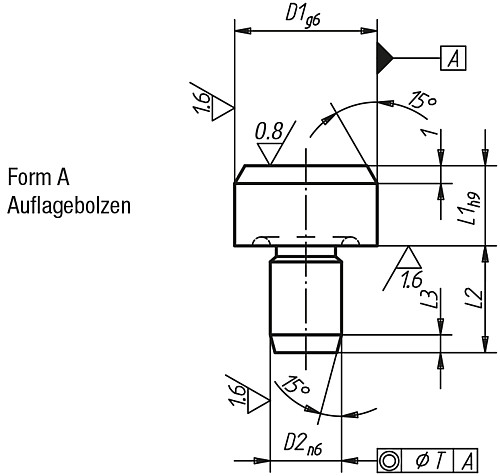 DIN 6321 AUFLAGEBOLZEN FORM A, D1=16 - KIPP K0293-A Auflagebolzen Form A