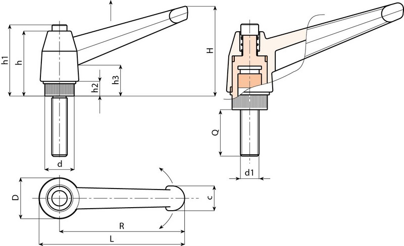 Leschhorn A563 CIN verstellbare Klemmhebel  R 104; Außengewinde M12x30; Hebel schwarz; Knopf orange - Boteco A563 Starre Klemmhebel