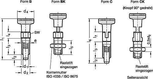 Ganter 717-3-M6-AK-ST RASTBOLZEN MIT RING UND KONTERMUTTER - GN 717 Rastbolzen - Stahl - mit Knopf - mit und ohne Rastsperre-Skizze