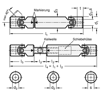 Ganter 808.3-50-K25-500-245  Kreuzgelenkwellen mit Nadellager, Aussendurchmesser d1: 50, Bohrung d2: 25, l1 - l2: 500-245 - GN 808-3 Kreuzgelenkwellen mit Nadellager - Massblatt