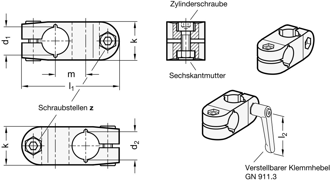 Ganter 131-B12-B12-2-NI Kreuz-Klemmverbinder, Edelstahl - GN-131-Edelstahl-Kreuz-Klemmverbinder-Skizze