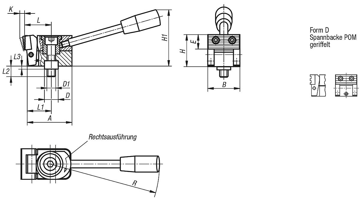 Norelem 04518-006020 NIEDERZUGSPANNER FORM D, RECHTSAUSFÜHRUNG - NLM 04518-D Niederzugspanner Form D - Massblatt