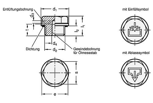 Ganter 742-19-G1/4-AS-1 VERSCHLUSSSCHRAUBE MIT ABLASSSYMBOL - GN 742 Verschlussschrauben mit und ohne Symbol - Vi-Skizze