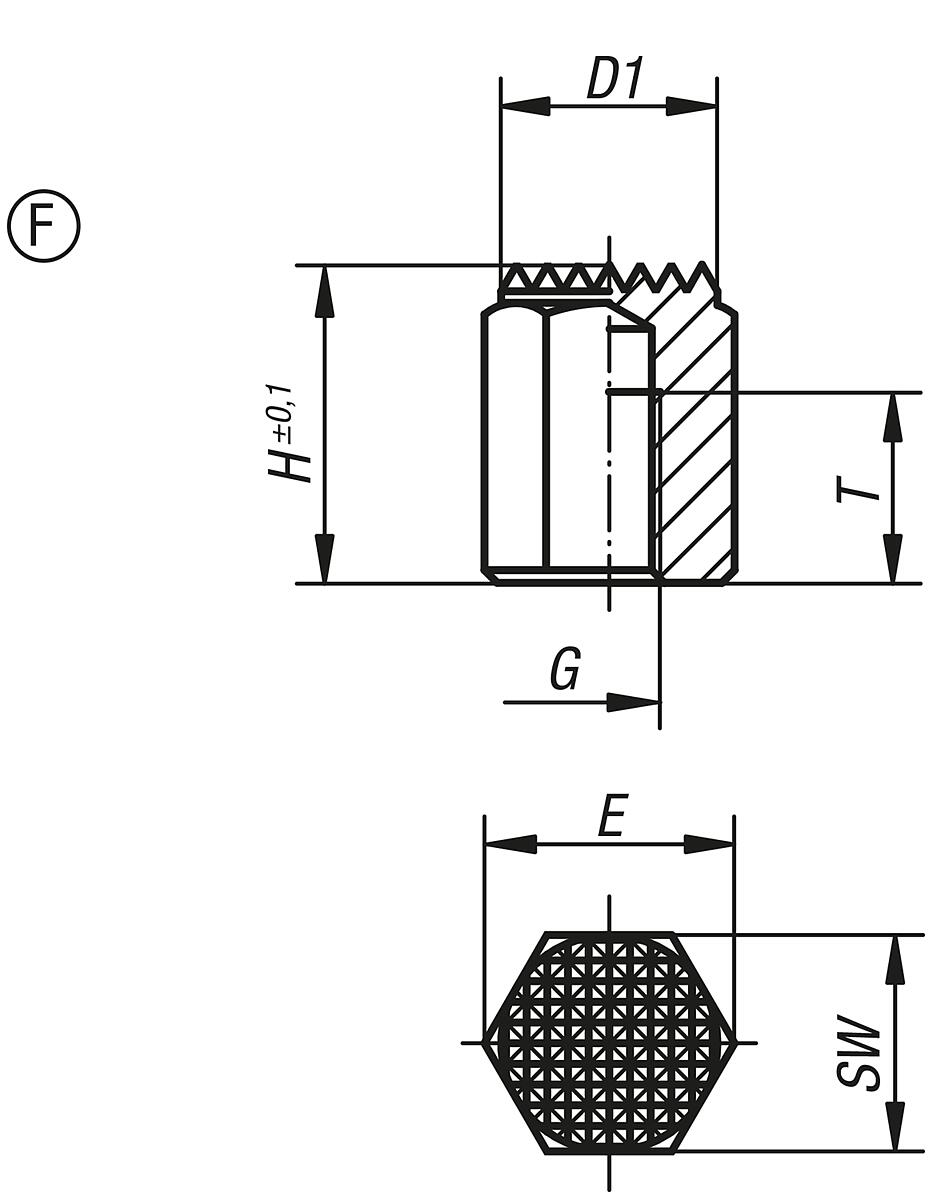 Norelem 02040-615 POSITIONSFUß, FORM:F, AUTOM.STAHL BRÜN. U. EINSATZGEHÄRTET, SW=17 - NLM 02040-F Positionsfuesse mit Innengewinde Form F - Massblatt