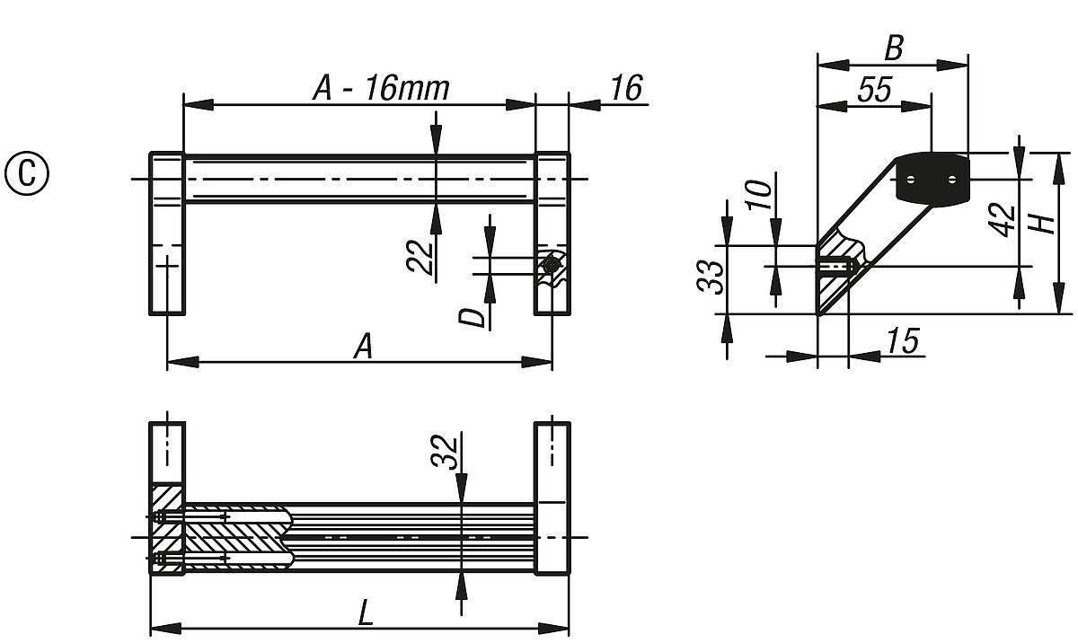 Kipp K0131.5000831 MASCHINENGRIFF FORM C, A=500, SCHWARZ ELOXIERT - K0131-C Maschinengriffe - Form C - Massblatt