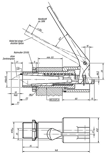 Norelem 33180-02 FEDERNDE PINOLE M. SPANNHEBEL - Norelem 33180 Federnde Pinole mit Spannhebel