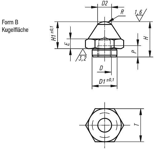 Kipp K0295.210020 AUFLAGEBOLZEN M. POSITIONIERZAPFEN, FORM B, D=M10, H1=20 - KIPP K0295-B Auflagebolzen mit Positionierzapfen Form B