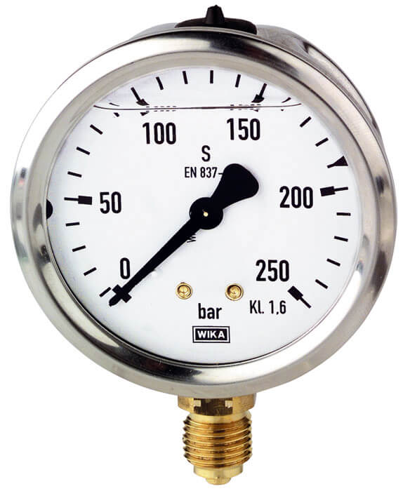 RIEGLER 705-C Glyzerinmanometer, CrNi-Stahl, G 1/4 unten, 0 - 4,0 bar, Ø 63 - LE71512 -C Glyzerinmanometer - Anschluss radial unten