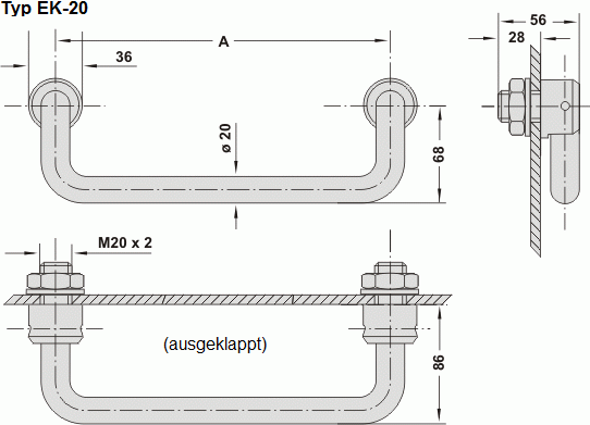 Leschhorn EK-20-600-33 Edelstahl Klappgriffe A 600,  mattglänzend gebürstet - Leschhorn EK Edelstahl Klappgriffe