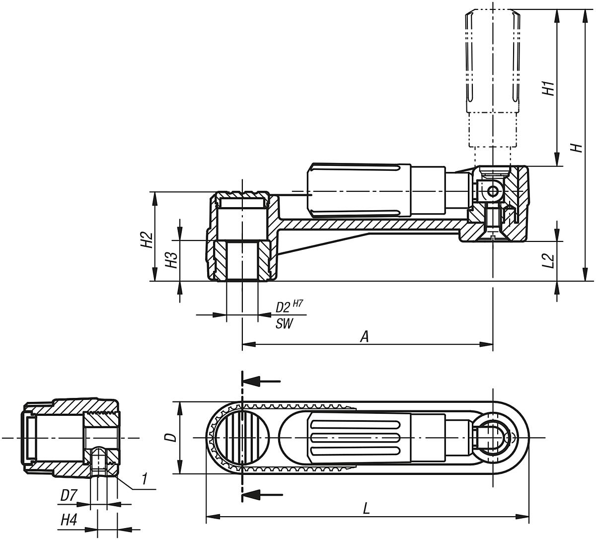Kipp K0266.121204 NOVO.GRIP HANDKURBEL ZYL.GRIFF UMLEGBAR, GR.2, A=100, D=12H7 - K0266-PBMN Handkurbeln mit Zylindergriff umlegbar - Passbohrung mit Nut - Massblatt