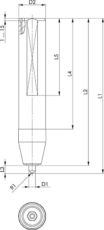 AMF 1580MS AMF-Marker Small, L1: 69 mm, L2: 66 mm, D1: 3 mm, D2: 12 mm - LE 1580MS Marker Small -Skizze