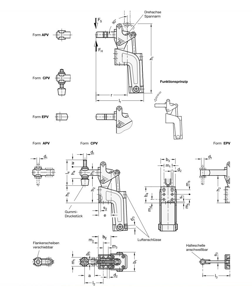 Ganter 862-130-APV-M Schnellspanner, pneumatisch, mit Winkelfuß, mit Magnetkolben - GN-862-Schnellspanner-pneumatisch-mit-Winkelfuss-Skizze