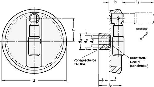 Ganter 923.7-200-K20-R-SW SICHERHEITS UMLEGGRIFF HANDRAD, SCHWARZ - GN 923-7 Umleggriff Handraeder - Sicherheits Umleggriff-Skizze
