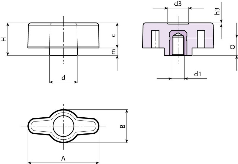 Leschhorn L747 Flügelmuttern  A 28; d 11; Gewinde d1 M4; Kunststoff PA, schwarz, - Boteco L747 Fluegelmuttern