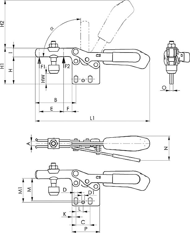 AMF 6832S-4 Waagrechtspanner mit rotem Handgriff und Sicherheitsverriegelung, Größe : 4, F1: 2,0 kN, F2: 3,0 kN - LE 6832S Waagrechtspanner mit Sicherheitsverriegelung -Skizze
