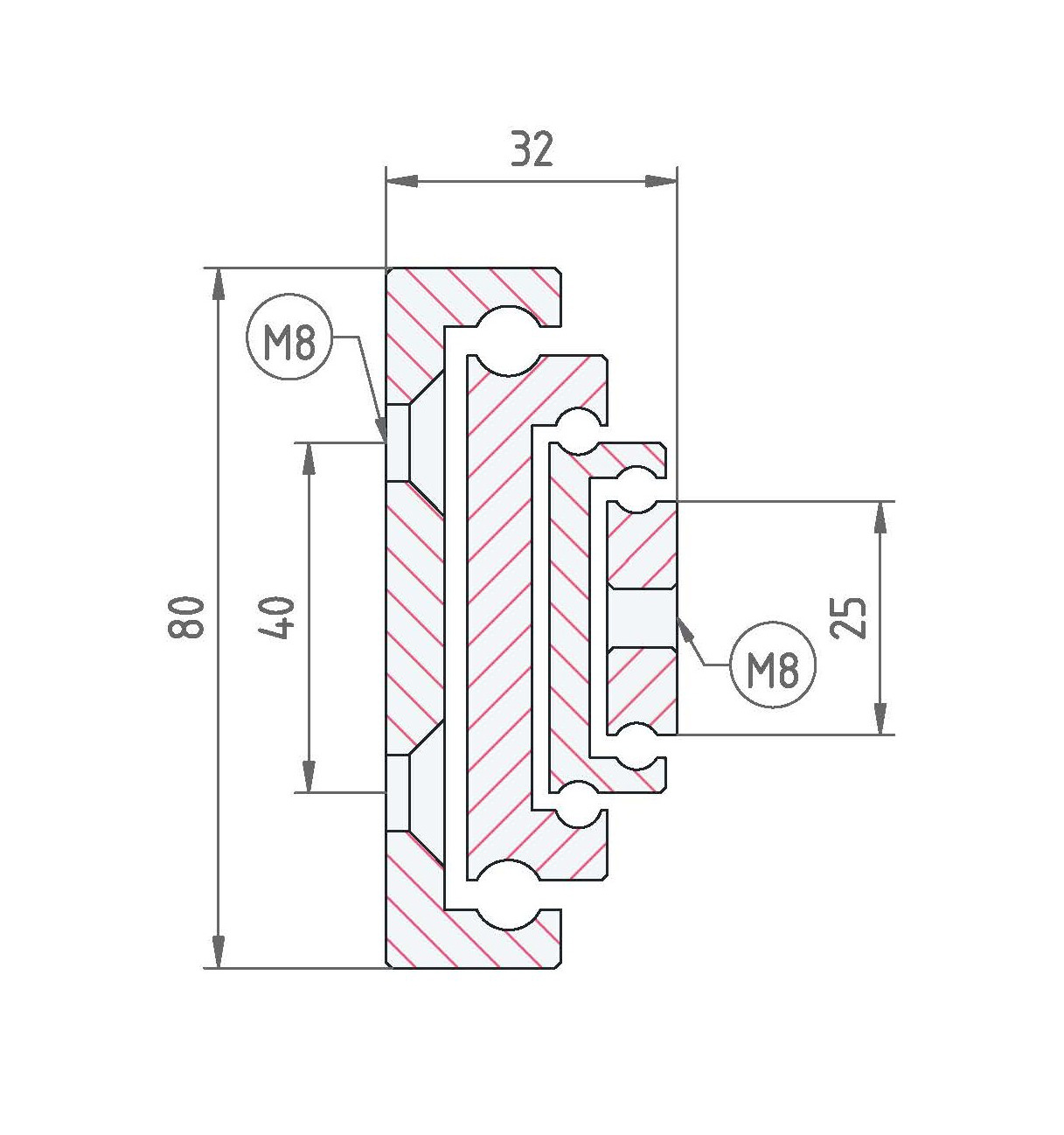 Leschhorn HP3CU 8032-0300-GS-ST Hochpräzise Schwerlast-Teleskopschienen, 3C-Profil 80x32, Überauszug 150%, A=450, GS: Gewinde M8/Senkbohrung für M8, Lastwert 310kg, Stahl verzinkt - LE HP3CU-8032 Profilquerschnitt
