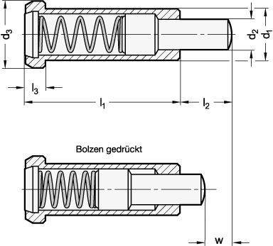 Ganter 614.6-10-KN  Federnde Druckstücke, ohne Gewinde, mit Bund, d1: 10, Form: KN - Edelstahl, normaler Federdruck, d2: 5.9 - GN 614-6 Federnde Druckstuecke - ohne Gewinde - mit Bund - Massblatt