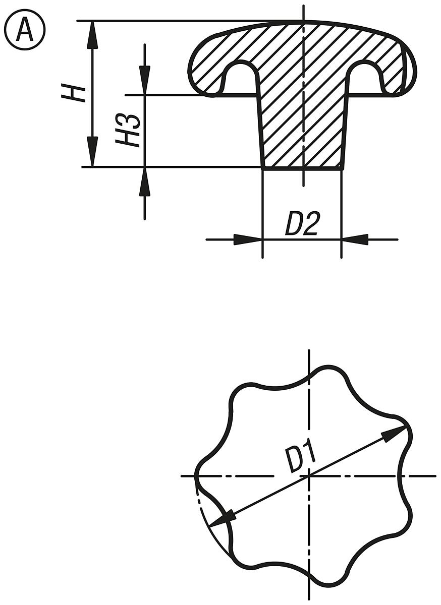 Kipp K0149.15010 STERNGRIFF FORM A, D1=50, ALU, GEROMMELT - K0149-A Sterngriffe aehnlich DIN 6336 aus Aluminium - Form A - Massblatt
