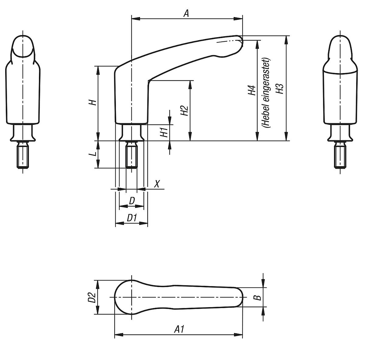 Kipp K1317.106X30 KLEMMHEBEL HYGIENIC USIT® MIT BUND GR.1, M06X30, EDELSTAHL 1.4404 POLIERT, KOMP:75 EPDM 295 - K1317 Klemmhebel HYGIENIC USIT mit Aussengewinde und Bund - Edelstahl - poliert - Massblatt