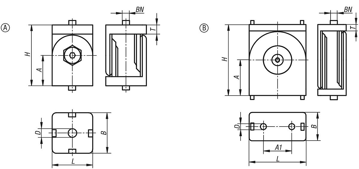 Kipp K1051.063030 GELENKSTÜCK OHNE KLEMMHEBEL 30X30X45, FORM:A ZINK, TYP I, BN=6 - K1051-OK Gelenkstueck ohne Klemmhebel - Massblatt