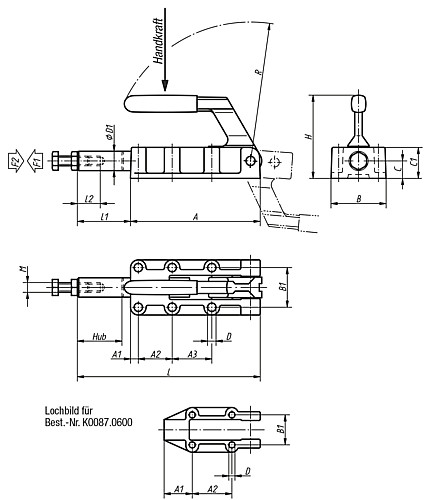 Kipp K0087.0600 SCHUBSTANGENSPANNER, GRIFF BLAU, SCHWERE AUSFÜHRUNG, P=600 d - KIPP K0087 Schubstangenspanner schwere Ausfuehrung