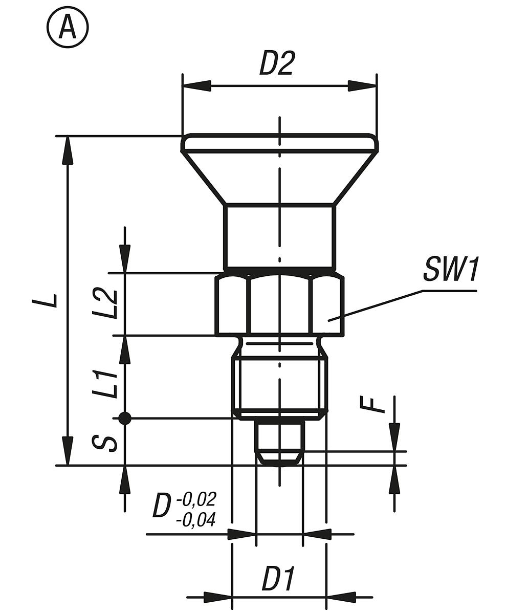 Kipp K0631.15105 ARRETIERBOLZEN GR.1 D1=M10X1, D=5,FORM:A OHNE RASTNUT OHNE KONTERMUTTER,KURZE AUSFÜHRUNG, EDELSTAHL UNGEHÄRTET,KNOPF SCHWARZGRAU RAL 7021 - K0631-A Arretierbolzen - kurze Ausfuehrung Form A - Massblatt