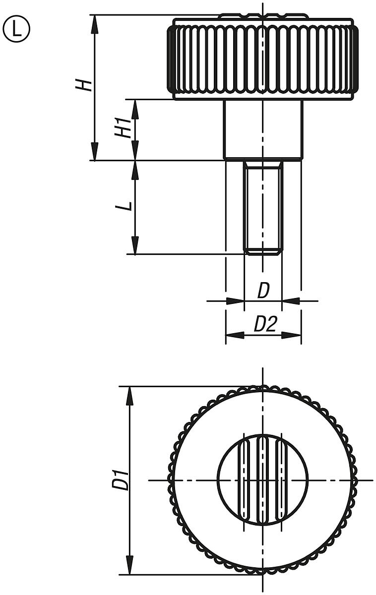 Kipp K0261.5210X60 NOVO.GRIP RÄNDELRAD  GR.2  FORM L  EDELSTAHL, D=50  M10X60,  DECKEL SCHWARZGRAU - K0261-L Raendelraeder mit Aussengewinde - Stahlteile aus Edelstahl - Form L - Massblatt