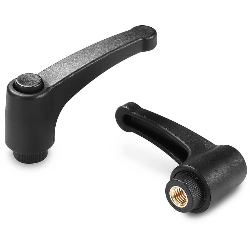 Leschhorn A582 verstellbare Klemmhebel  R 52; Innengewinde M6; Hebel orange;  Knopf rot - LE A582 Verstellbare Klemmhebel - Innengewinde - Kunststoffgriff - Abbildung