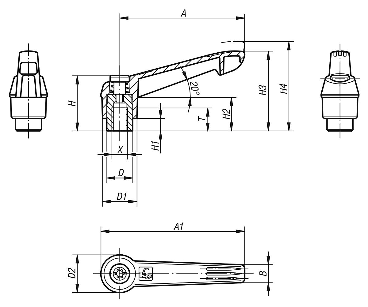 Kipp K0269.41087 KLEMMHEBEL GR.4  M10, GRIFFHEBEL VERKEHRSBLAU - K0269 Klemmhebel mit Innengewinde und Kunststoffgriff - Massblatt