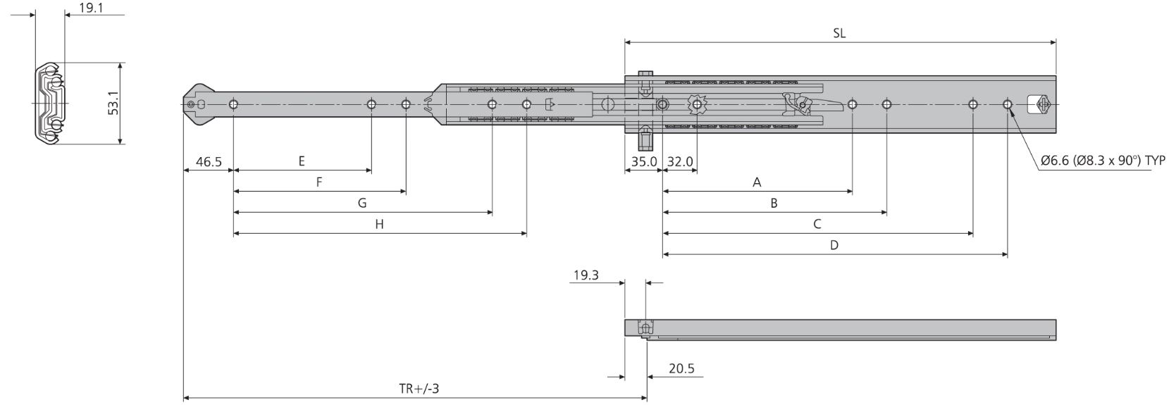 Accuride DZ5344-0070 Teleskopschienen ohne Kippsicherung 100% Überauszug, 19,1x53,1, SL 700, TR 730,0, 70kg, hell verzinkt, !!! Schienen per Stück !!! - Accuride 5344 Teleskopschienen ohne Kippsicherung TZ