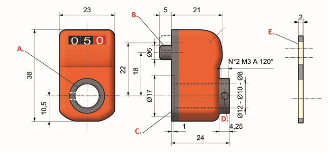 Fiama OP2-A-4,0-SX-10-R mechanische digitale  Positionsanzeigen, Ansicht A horizontal, Steigung 4,0mm, Anzeige nach 1 Umdrehung 04,0; SX= links steigend, Hohlwelle 10H7, Farbe G= schwarz, Drehmomentstütze, Achsabstand I= 18 mm - LE 70063 OP2 technische Abmessungen
