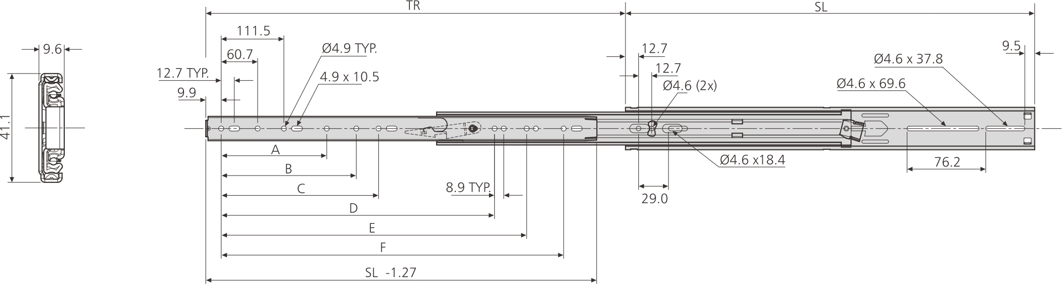 Accuride DZ2907-0016 Teleskopschienen 100% Überauszug, 9,6x41,1, SL 406, TR 457, 45kg, hell verzinkt - 2907 Accuride Teleskopschiene technische Zeichnun