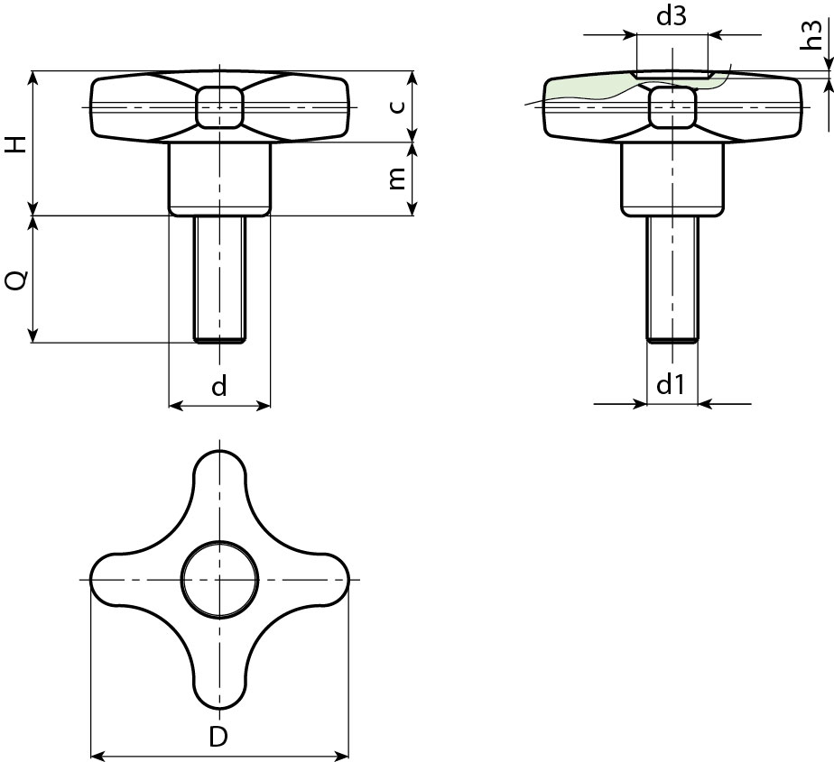 Leschhorn F189 Sterngriffschrauben  D 60; d 24; Gewinde d1 M12; Kunststoff PA, schwarz - Boteco F189 Sterngriffschrauben