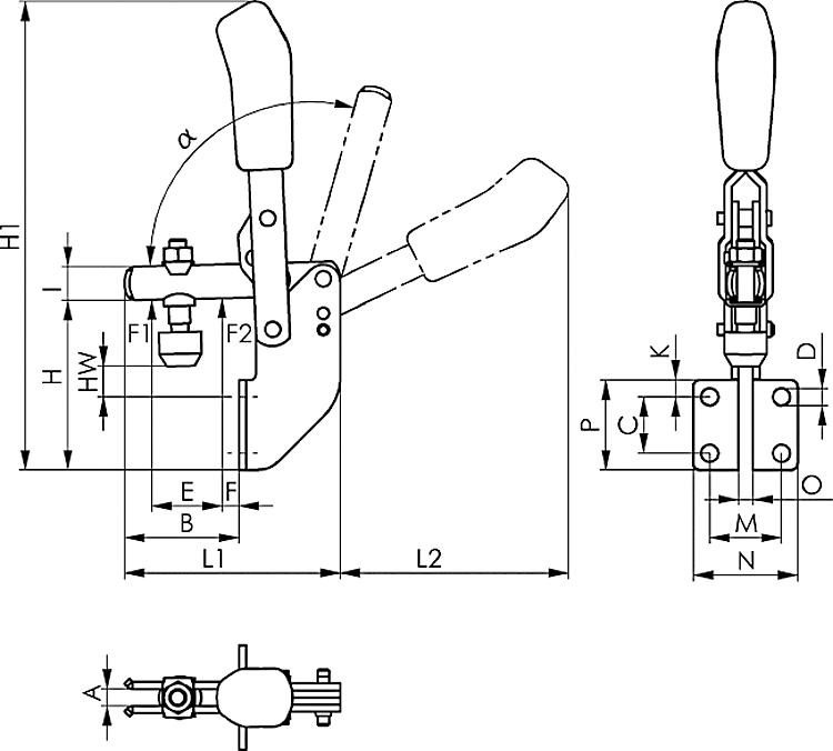 AMF 6803-1 Senkrechtspanner mit rotem Handgriff, Größe : 1, F1: 0,8 kN, F2: 1,1 kN - LE 6803 Senkrechtspanner -Skizze