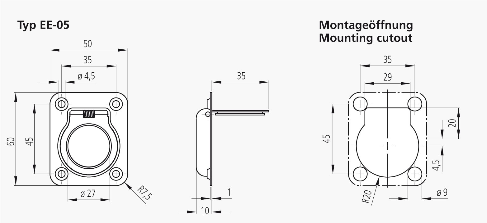 Leschhorn EE-05-060-39 Edelstahlklappgriff mit Rückstellfeder, hochglanz elektropoliert - LE EE-05 - Technische Zeichnung