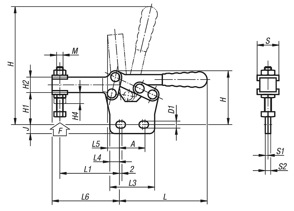 Norelem 05130-10 SCHNELLSPANNER HORIZONTAL, MIT GERADEM FUSS, M10X70 - NLM 05130 Schnellspanner horizontal  mit geradem Fuss - Massblatt