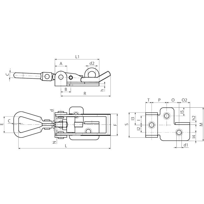 Leschhorn J182  Spannverschlüsse R 65; L 104-124, Stahl, verzinkt - LE J182 Hakenverschluesse - verzinkter Stahl oder Edelstahl - mit Oese fuer Vorhaengeschloss-Skizze