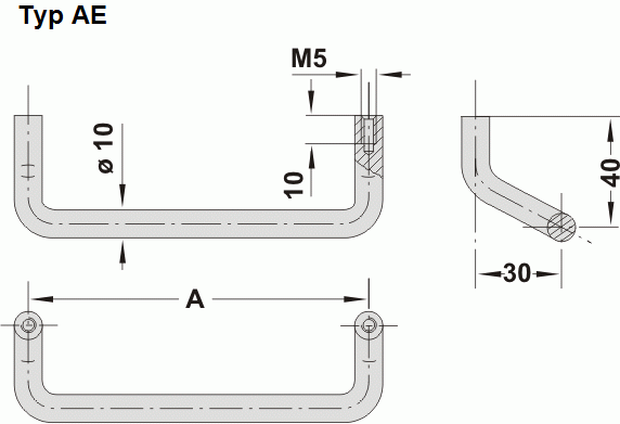 Leschhorn AE-10.140.01 abgewinkelte Einschubgriffe Rundaluminium, A 140, natur eloxiert - LE AE abgewinkelte Rundaluminium Buegelgriffserie - Massblatt