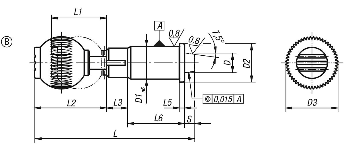 Norelem 03182-110 PRÄZISIONS ARRETIERBOLZEN D=10, KON. AUFNAHME, TYP B - NLM 03182-B Praezisions Arretierbolzen mit konischer Aufnahme Typ B - Massblatt