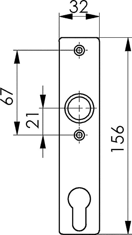 AMF 497Z Zylinder-Kurzschild, Abmessung: 32 x 156 x 7 mm, Bohrung für Drückerbetätigung: Ja - LE 497Z Zylinder-Kurzschild -Skizze