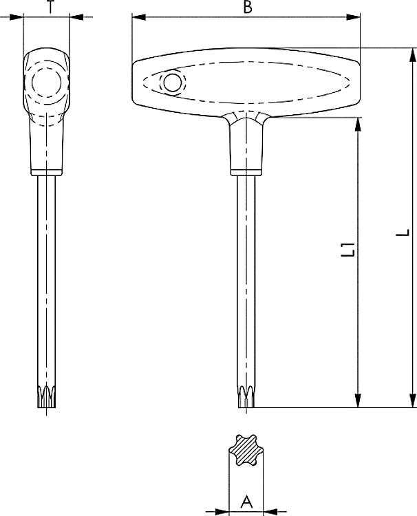 AMF 907Q-T25 TORX-Schraubendreher mit Quergriff, TORX: T25, A: 4,43, B: 100, L: 125 - LE 907Q 9 TORX-Schraubendreher mit Quergriff-Skizze