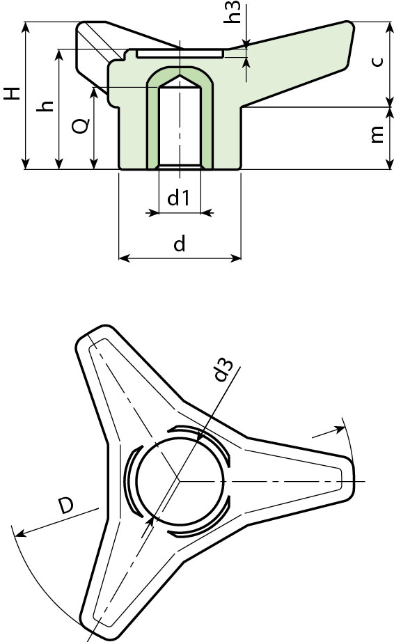 Leschhorn F662 Dreisterngriffe D 45; d 16; Bohrung d1 06; Kunststoff PA, schwarz - LE F662 Dreisterngriffe-EcoLine-Massblatt