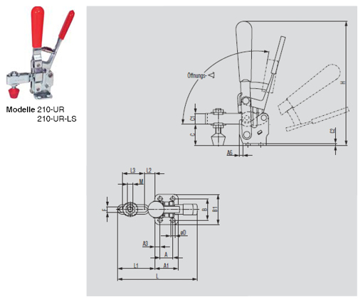 DESTACO 210-UR Vertikal-Kniehebelspanner Haltekraft 2800 N - 3400 N, Öffnungswinkel 105° - 210-UR 210-UR-LS Vertikalspanner - U-Spannarm - Fuss abgewinkelt - ohne Spindel - mit Zusatzverriegelung