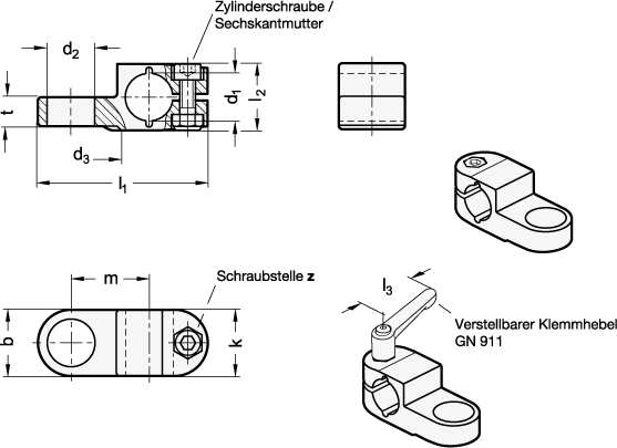 Ganter 277.4-B12-B12-2-SW  Sensorhalter, Aluminium, Bohrung d1: B 12, Bohrung d2: B 12, Oberfläche: SW - schwarz, RAL 9005, strukturmatt - GN 277-4 Sensorhalter - Aluminium - Massblatt