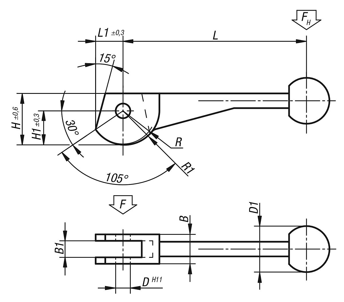 Kipp K0009.12 EXZENTERHEBEL DOPPELT  D=12H11, - K0009 Exzenterhebel doppelt - Massblatt