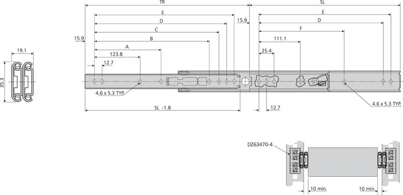 Accuride DS0305-0012 Edelstahl Teleskopschienen, 100% Überauszug, 19,1x35,3, SL 305,TR 327, 70kg,  Edelstahl - DS0305 Teleskopschiene - Ueberauzug - Massblatt