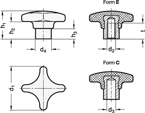 Ganter 6335.2-32-B6-C KREUZGRIFF (THERMOPLAST) - GN 6335-2 Kreuzgriffe - Thermoplast - mit vorstehender Stahl Buchse-Skizze