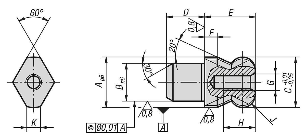 Norelem 03108-202 AUFNAHMEBOLZEN A=20 FORM D, MIT KUGELANSATZ ABGEFLACHT - NLM 03108 Aufnahmebolzen  mit Kugelansatz abgeflacht Form D - Massblatt