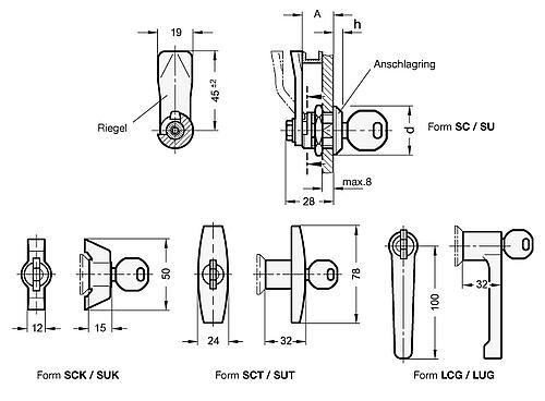 Ganter 115-SCT-28-SW VERRIEGELUNG MIT T GRIFF, ABSCHLIESSBAR - GN 115 Verriegelungen - abschliessbar - schwarz kunststoffbeschichtet-Skizze