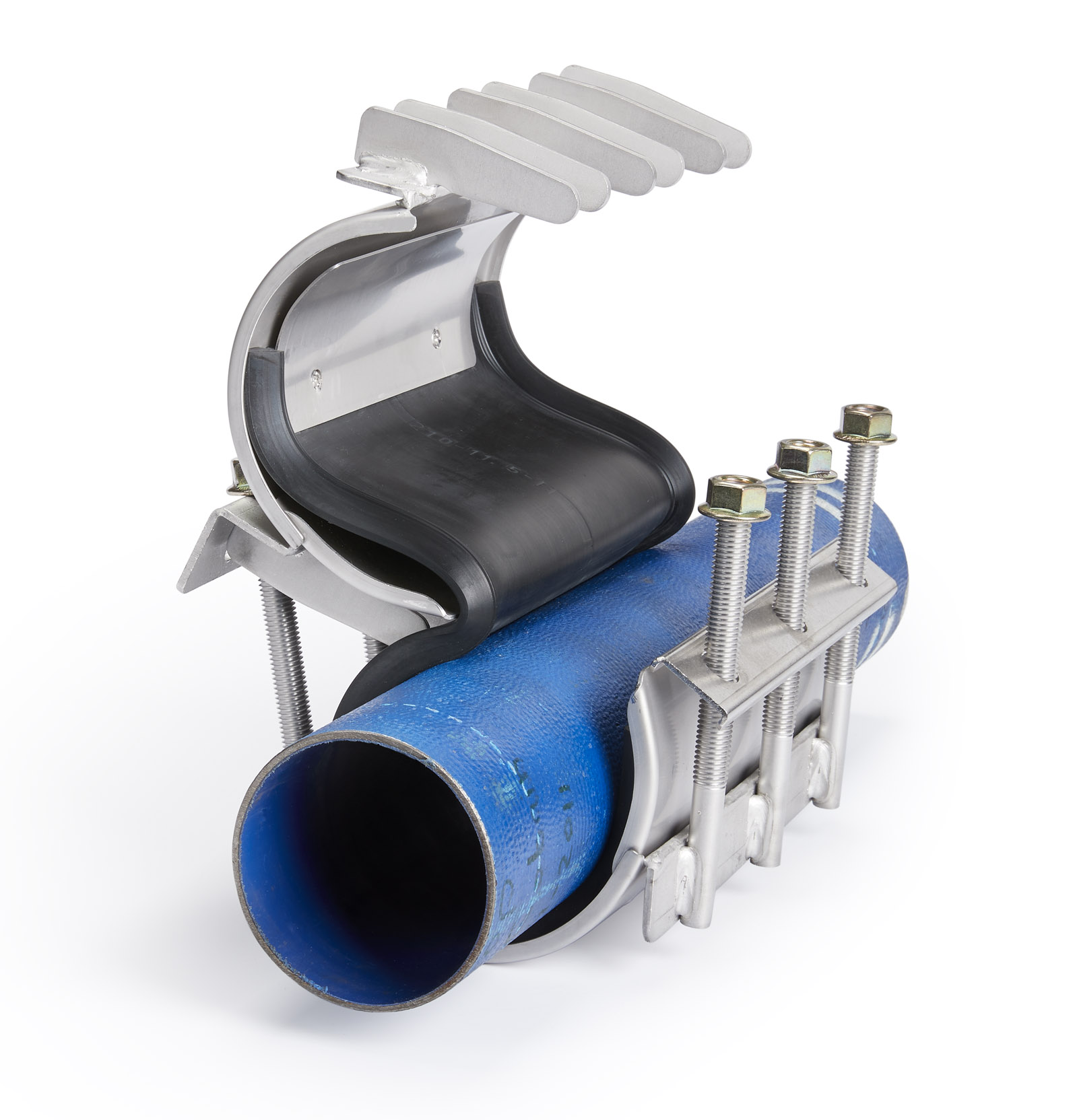 LE71497 FRK 121-144-215-EPDM-A2 flexible Reparaturkupplung, Baulänge 215, Spannbereich 121-144 mm, Druck PN 24, Winkellage max. 8°, Rohrdistanz max. 145 mm, Rohrdifferenz D1zuD2 max. 10 mm, Dichtung EPDM, Material 1.4301 (304), Temperatur -30°C bis 60°C - LS FRK flexible zweiteilige Rohr Reparaturkupplung